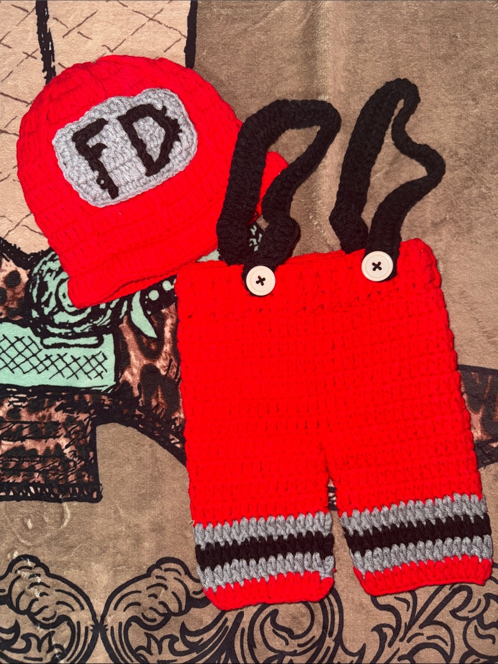HANDMADE Red Crochet Firefighter Hat and Suspenders Set for Newborn/ 0-3 Month